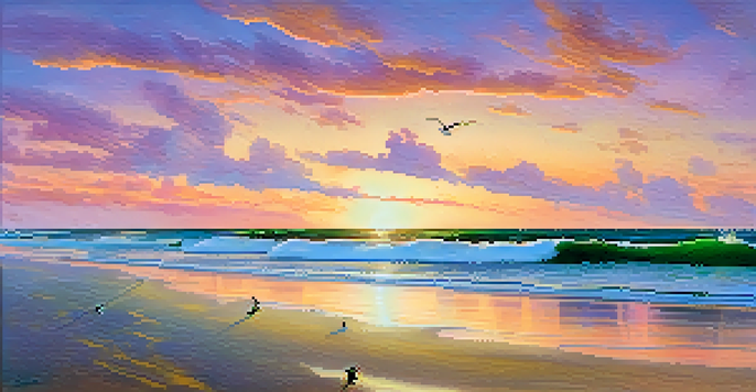 A tranquil sunset scene at Emerald Isle, with golden sand and colorful sky reflecting on the water.