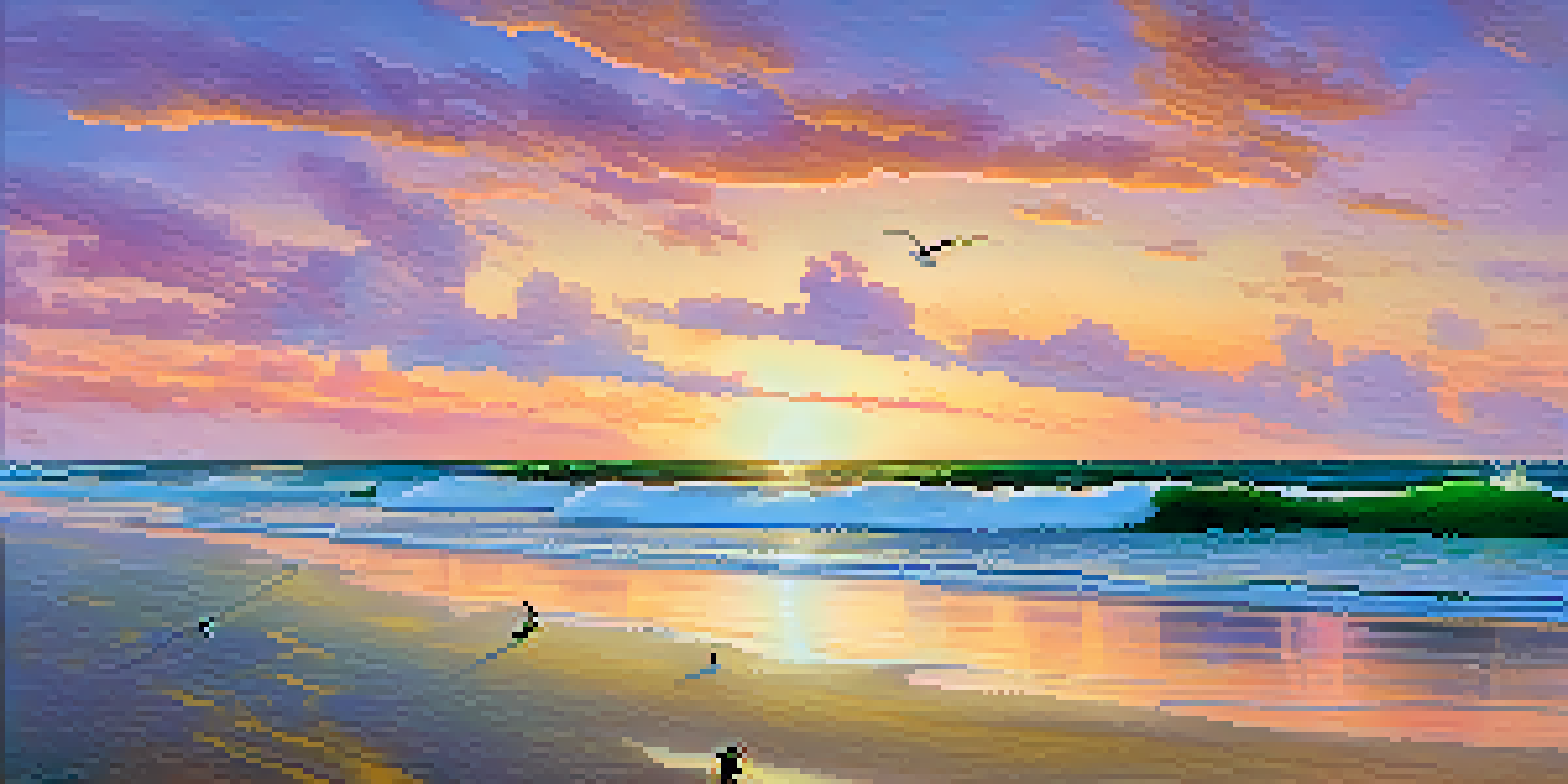 A tranquil sunset scene at Emerald Isle, with golden sand and colorful sky reflecting on the water.