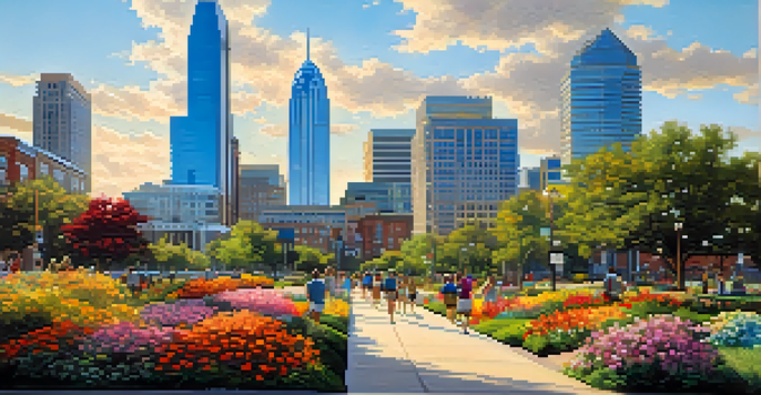 A lively urban scene in Charlotte, North Carolina, with a skyline of modern buildings, people exercising, and colorful flowers in a park.