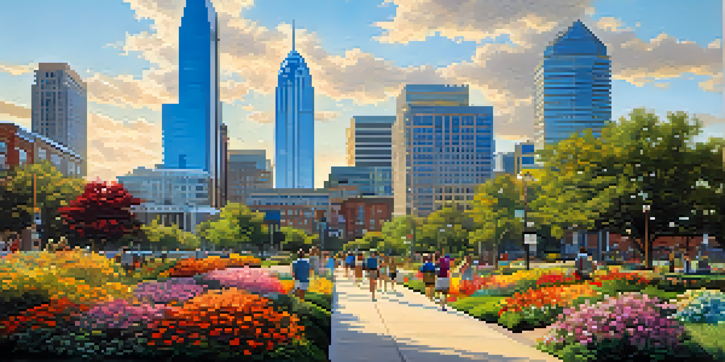 A lively urban scene in Charlotte, North Carolina, with a skyline of modern buildings, people exercising, and colorful flowers in a park.