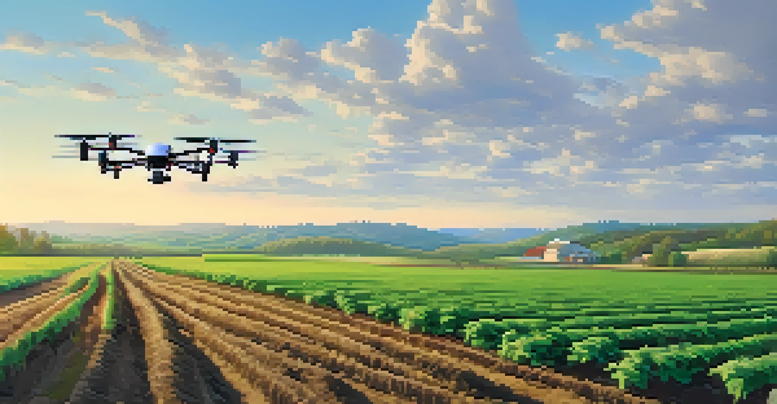 A farmer using technology in a field in North Carolina, with drones flying overhead and a tablet in hand, against a backdrop of green crops and hills.