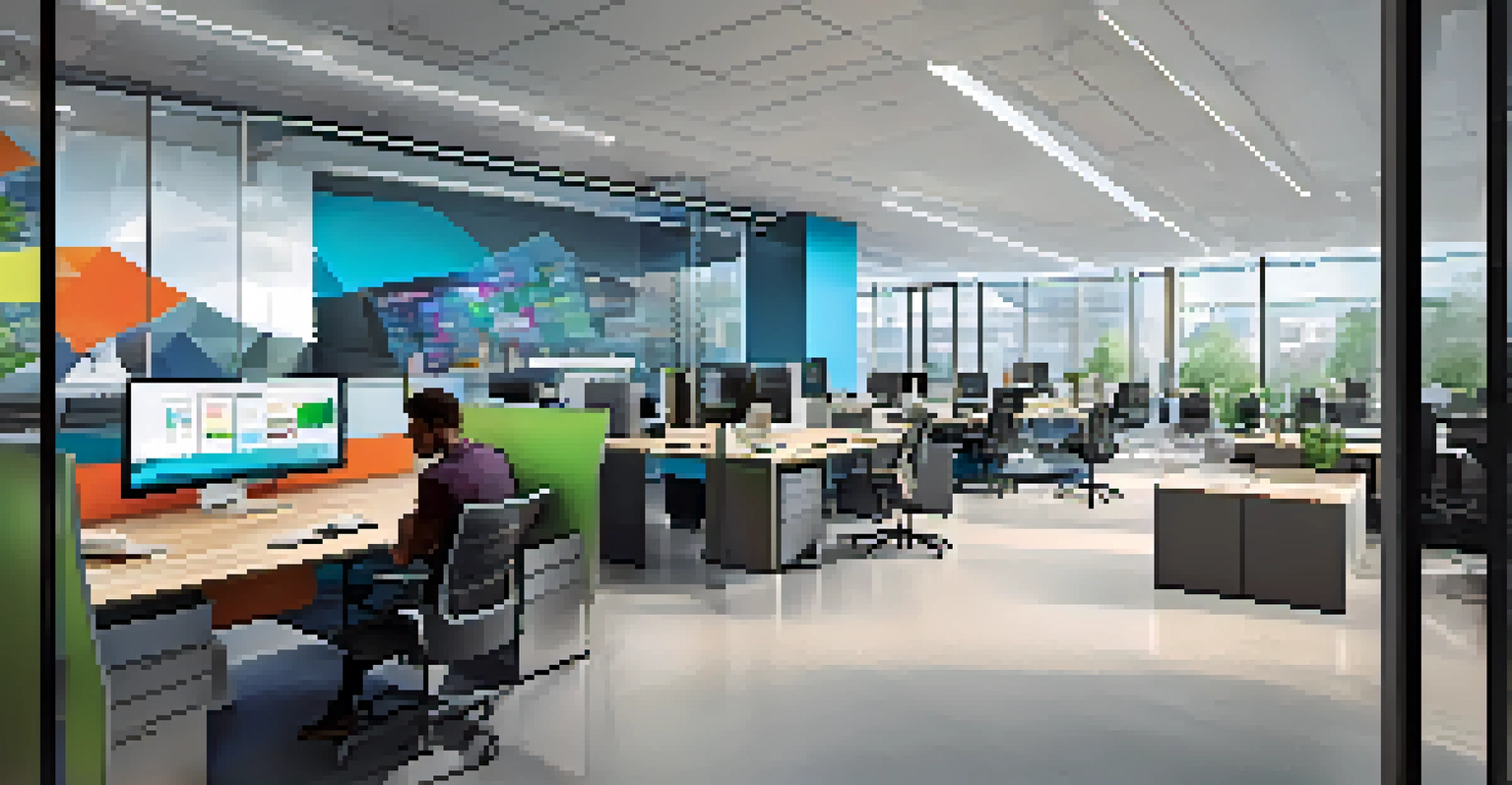 A modern open office for a cybersecurity startup, featuring collaboration spaces and high-tech equipment.