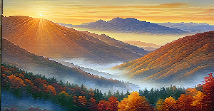 A scenic landscape of the Blue Ridge Mountains filled with colorful autumn leaves and a golden sunset.