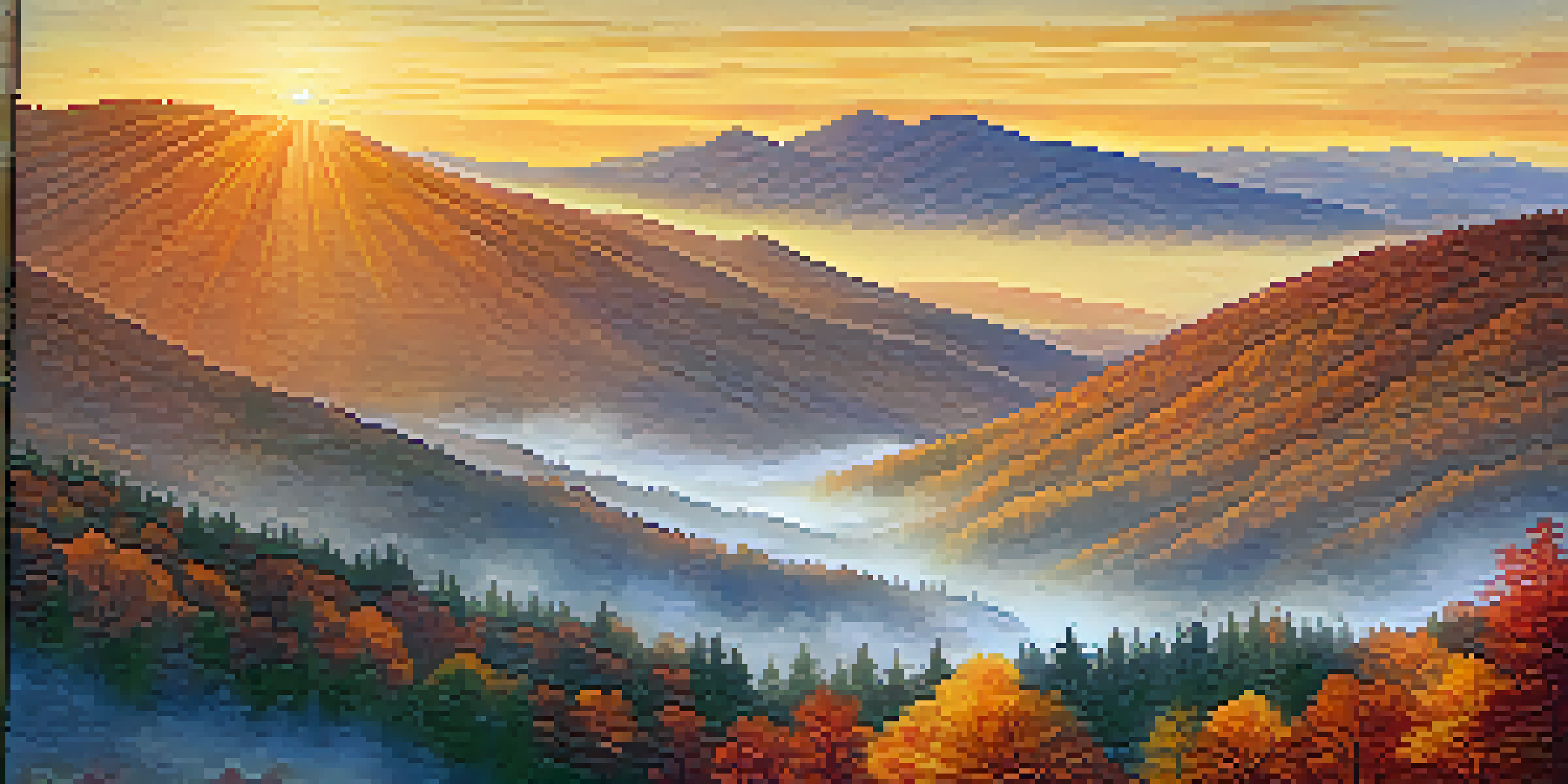 A scenic landscape of the Blue Ridge Mountains filled with colorful autumn leaves and a golden sunset.