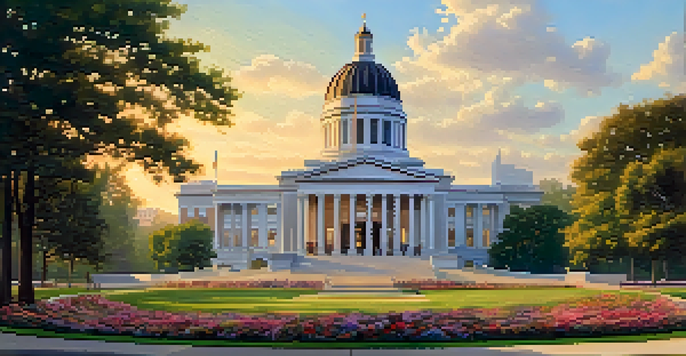 An image of the North Carolina State Capitol, highlighting its Greek Revival architecture with a dome and columns, set against a bright sky and blooming flowers in the foreground.