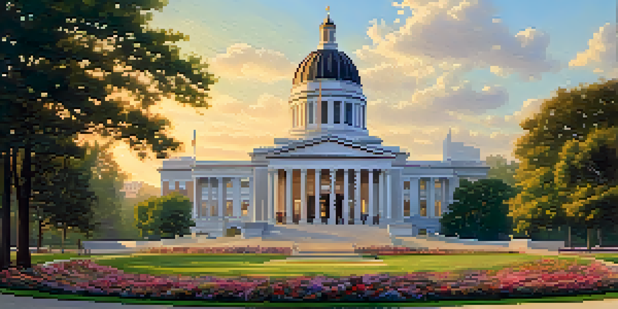 An image of the North Carolina State Capitol, highlighting its Greek Revival architecture with a dome and columns, set against a bright sky and blooming flowers in the foreground.