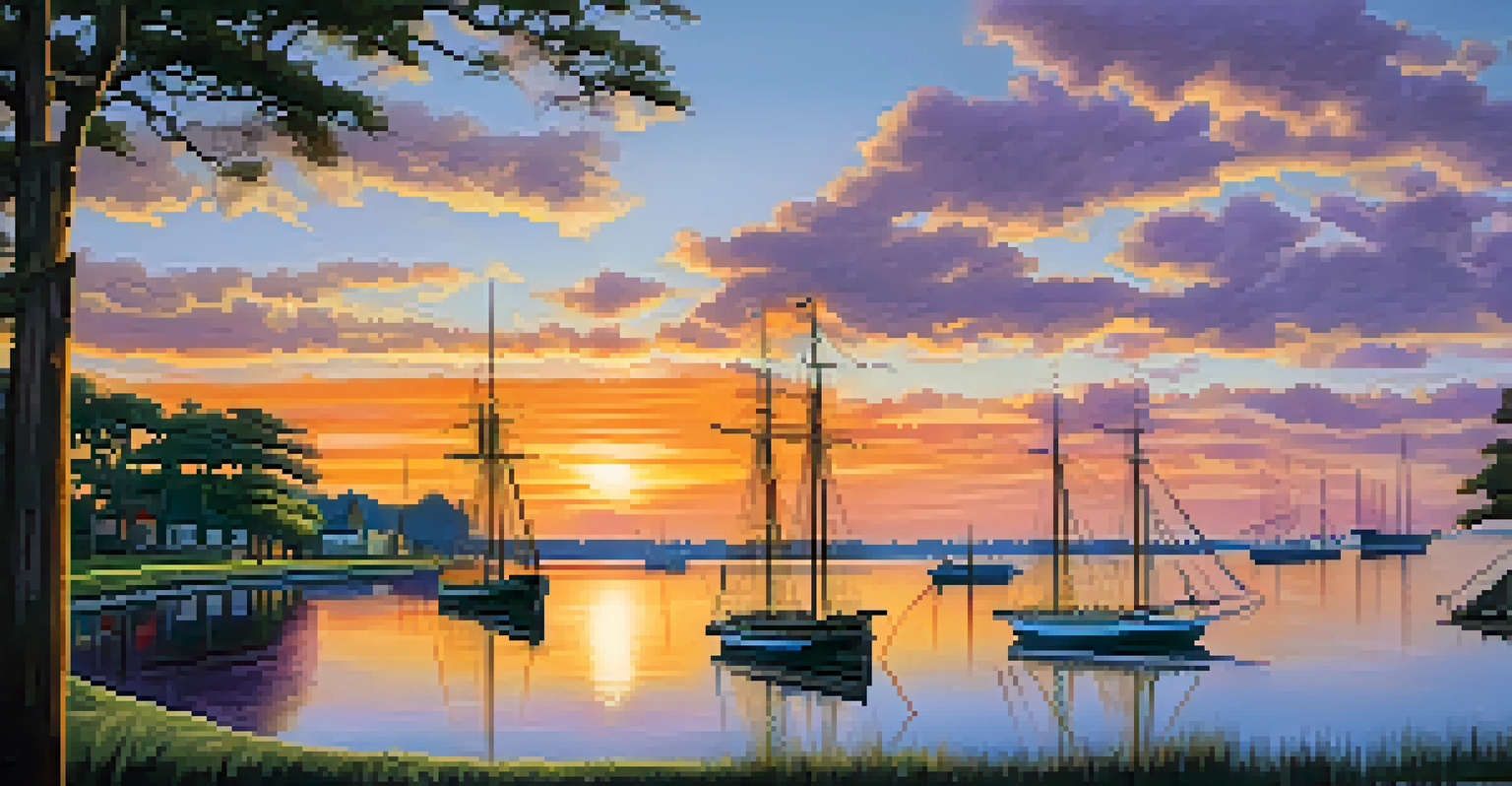 A sunset view of Roanoke Island featuring historic ship replicas and colorful reflections on the water.