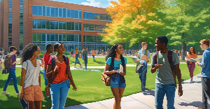 A diverse group of students engaged in discussion on NC State University's campus, surrounded by modern buildings and greenery.