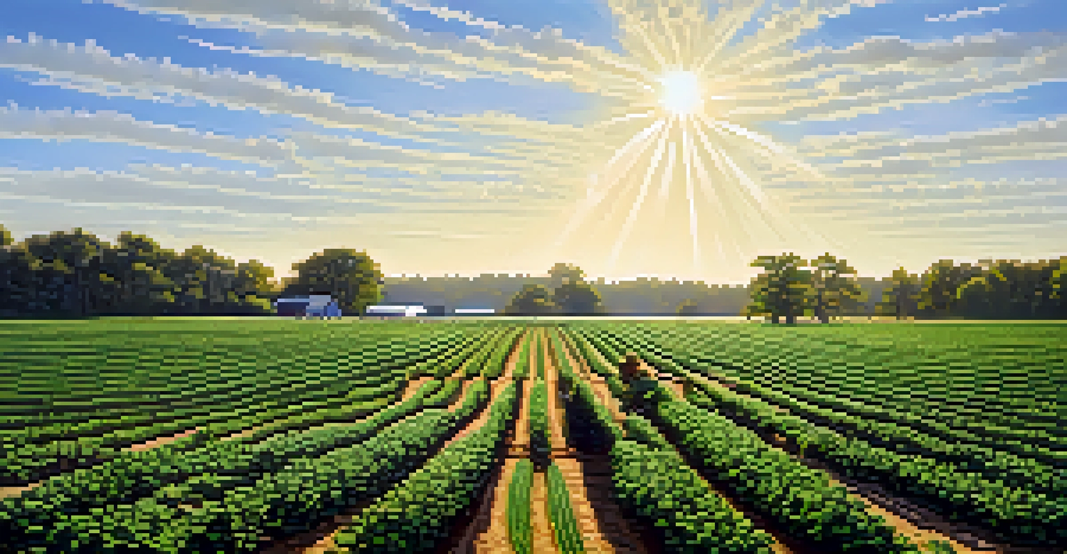 A peanut farm in North Carolina with rows of green plants under a blue sky.