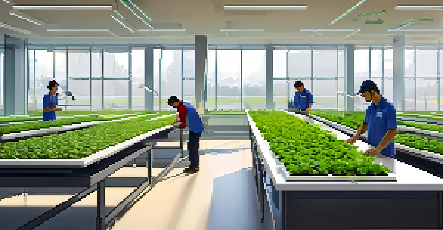 Students working in a modern agricultural research lab with advanced technology and hydroponic systems, analyzing data on computer screens.