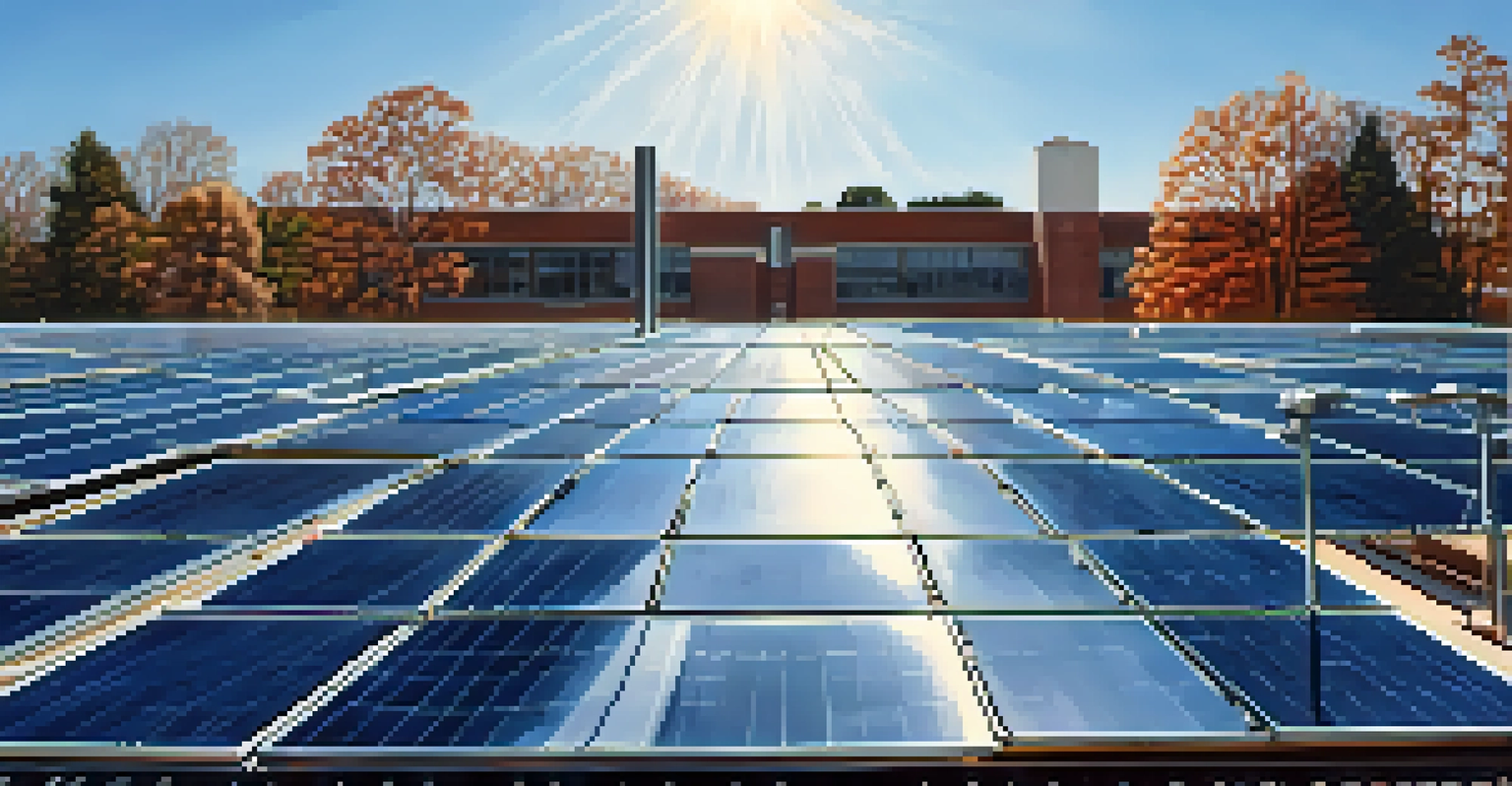 Close-up view of solar panels on a building roof at NC State University, reflecting sunlight.