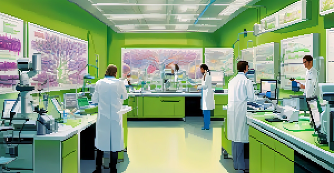 A busy biotechnology lab with scientists collaborating on research, surrounded by advanced equipment and colorful charts.