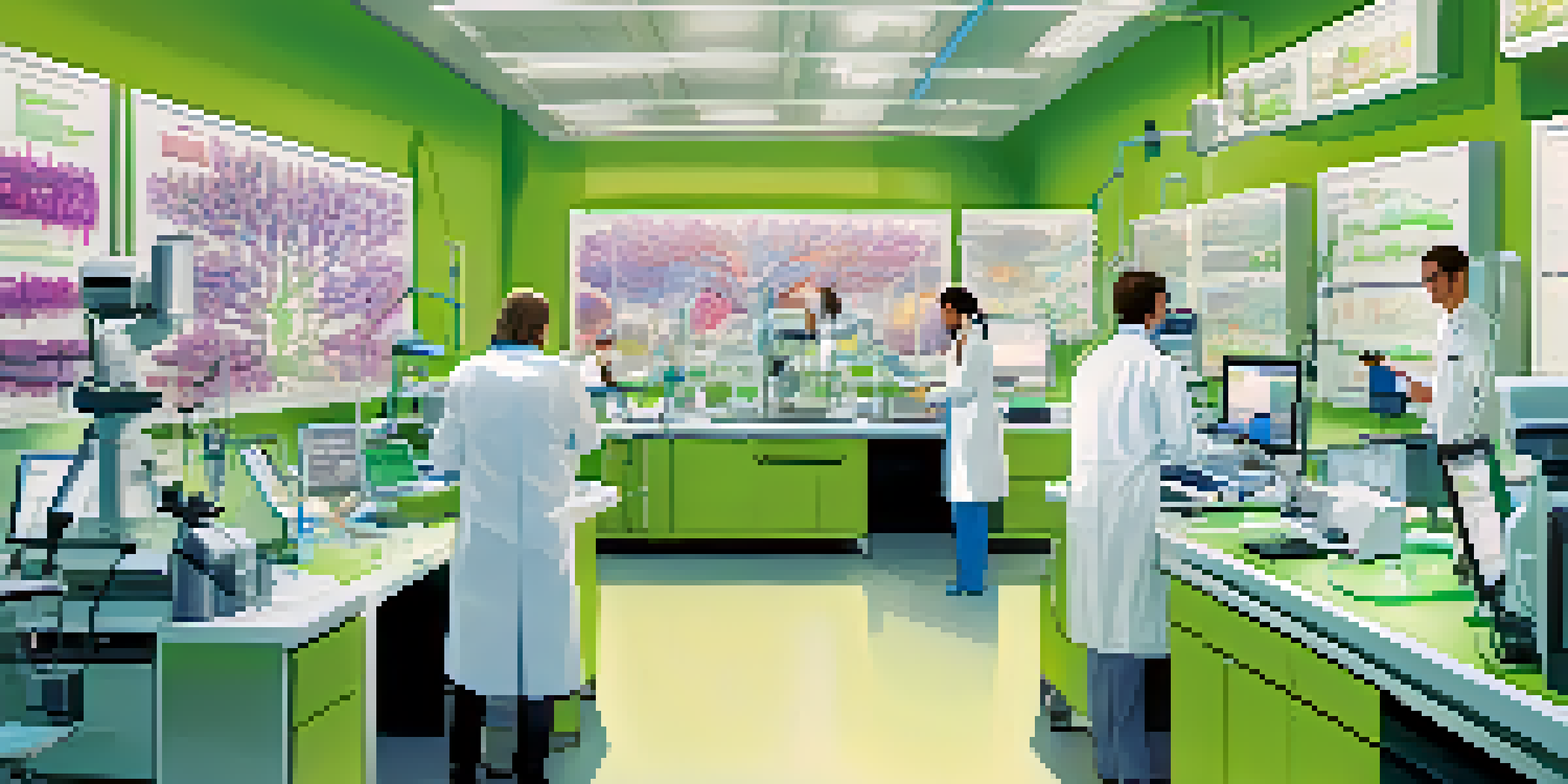 A busy biotechnology lab with scientists collaborating on research, surrounded by advanced equipment and colorful charts.