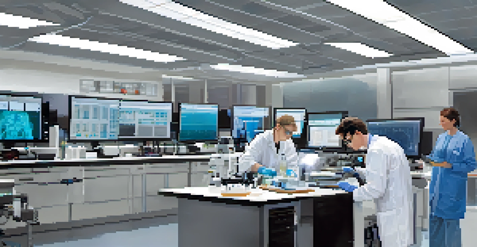 A modern research lab at a university with researchers analyzing data on computer screens and advanced imaging equipment.
