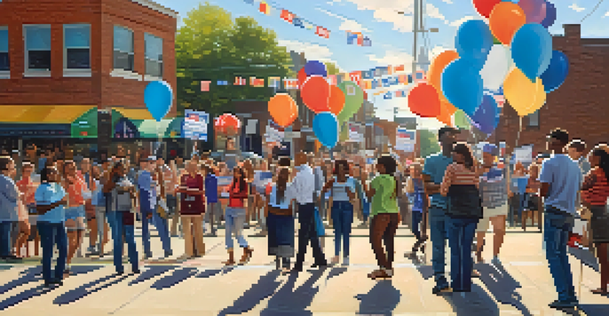 A lively street scene in North Carolina with diverse voters holding campaign signs during an election campaign, under a sunny sky.