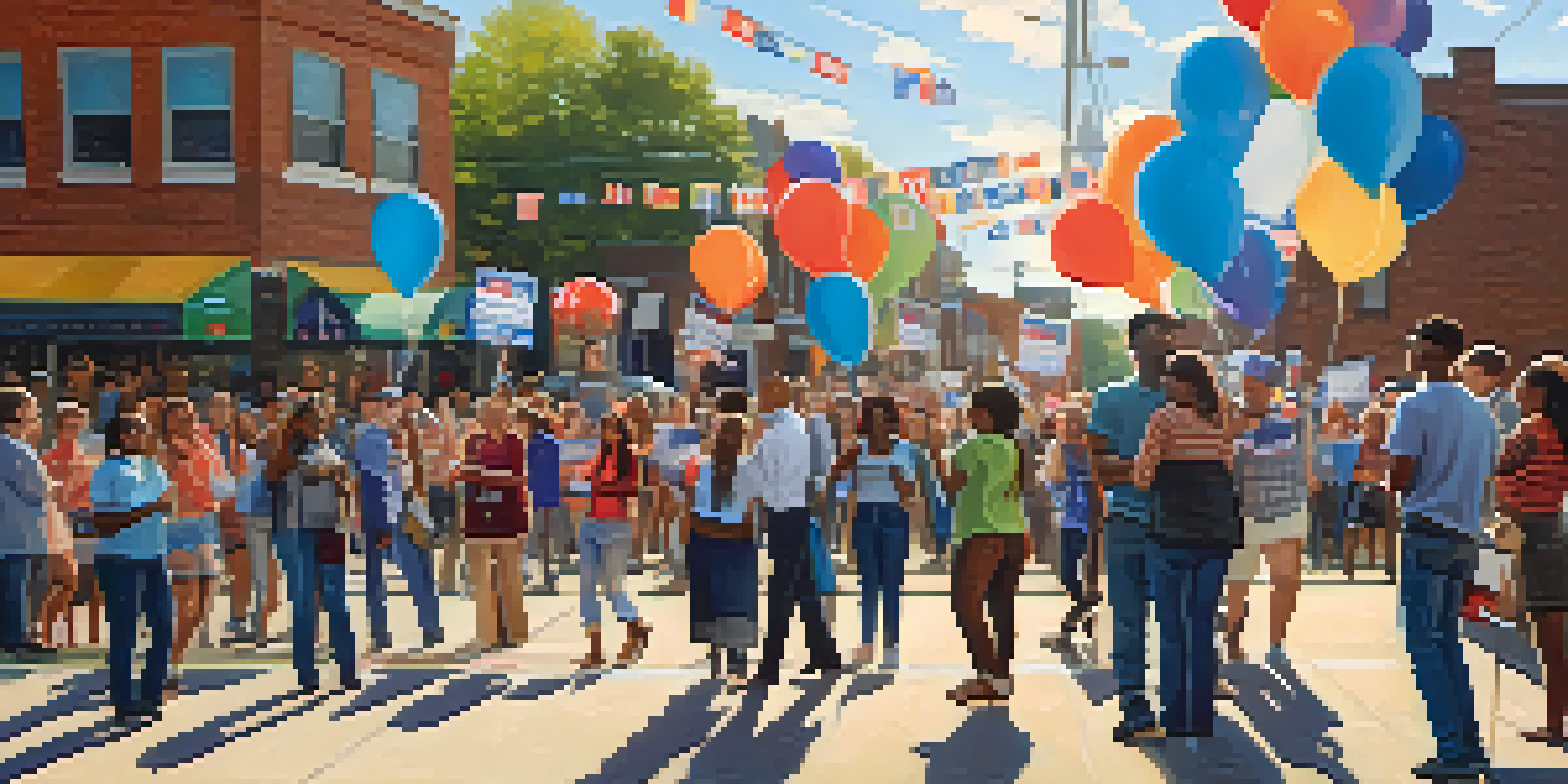 A lively street scene in North Carolina with diverse voters holding campaign signs during an election campaign, under a sunny sky.