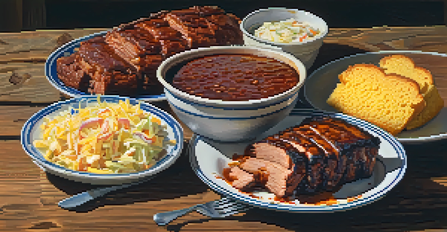 A plate of North Carolina barbecue with coleslaw and cornbread on a rustic table, showcasing the delicious food.