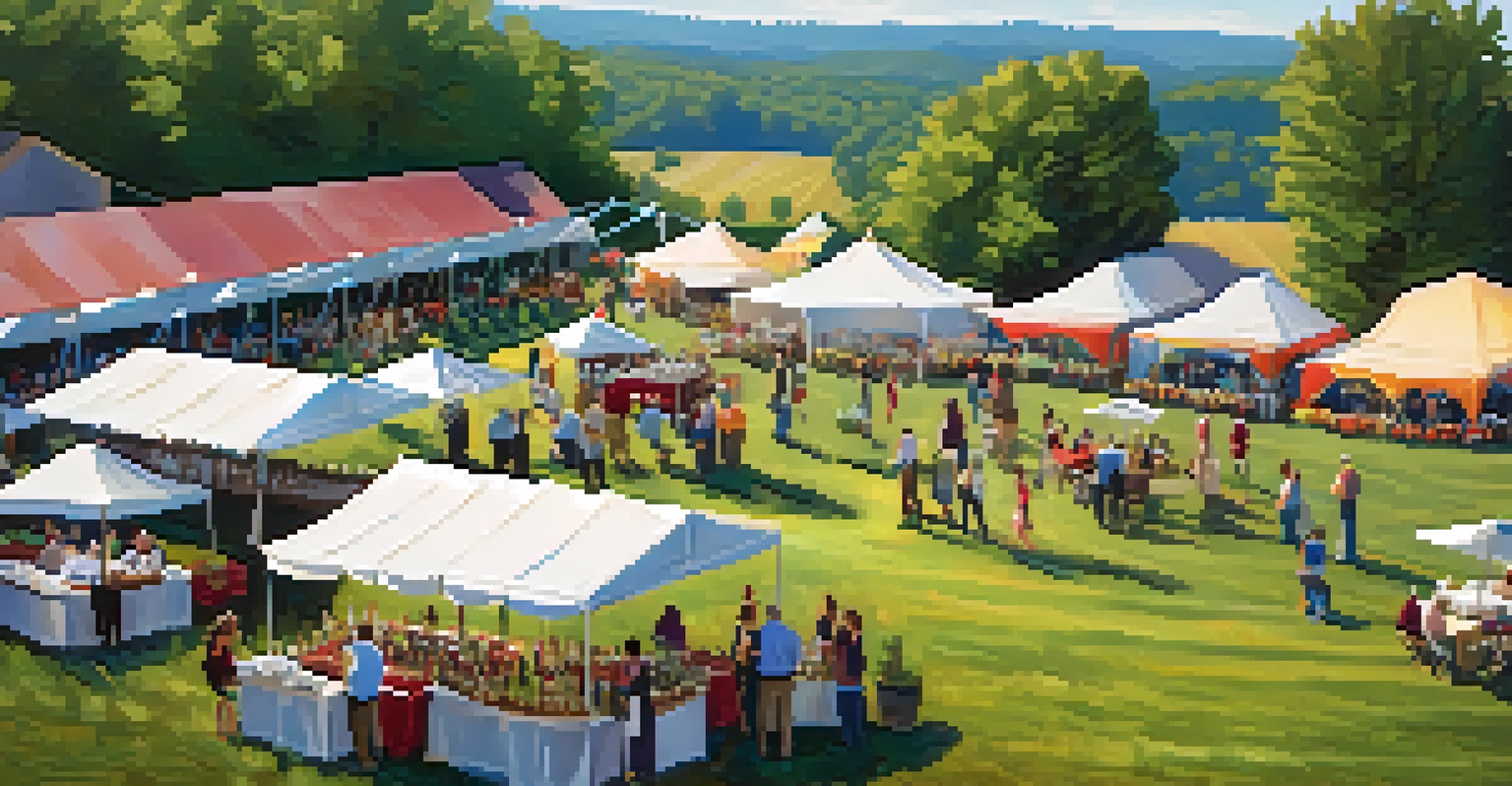 A lively wine festival scene in North Carolina's Yadkin Valley, featuring people tasting wines and enjoying food amidst beautiful vineyards.