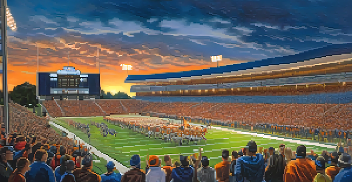 A lively high school football game with players in colorful uniforms and cheering fans under stadium lights at dusk.