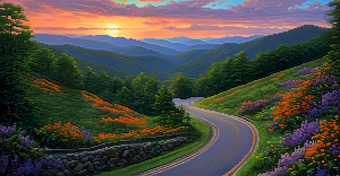 A scenic view of the Blue Ridge Mountains at sunset, showcasing colorful skies and green valleys with a winding road and blooming wildflowers.