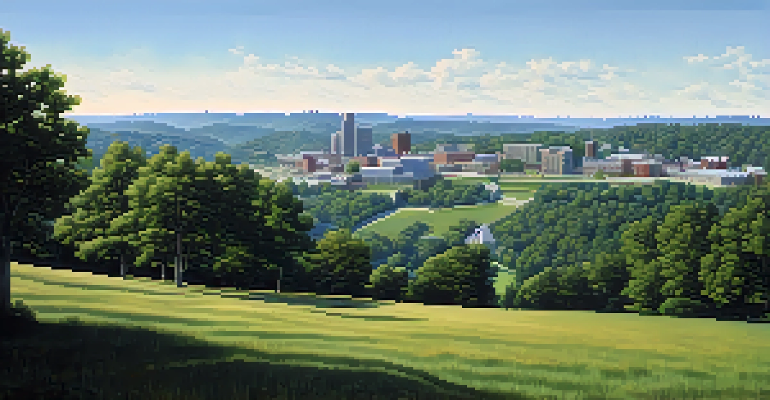 A panoramic view of the North Carolina Piedmont region showing a mix of urban park and city skyline against rolling hills.