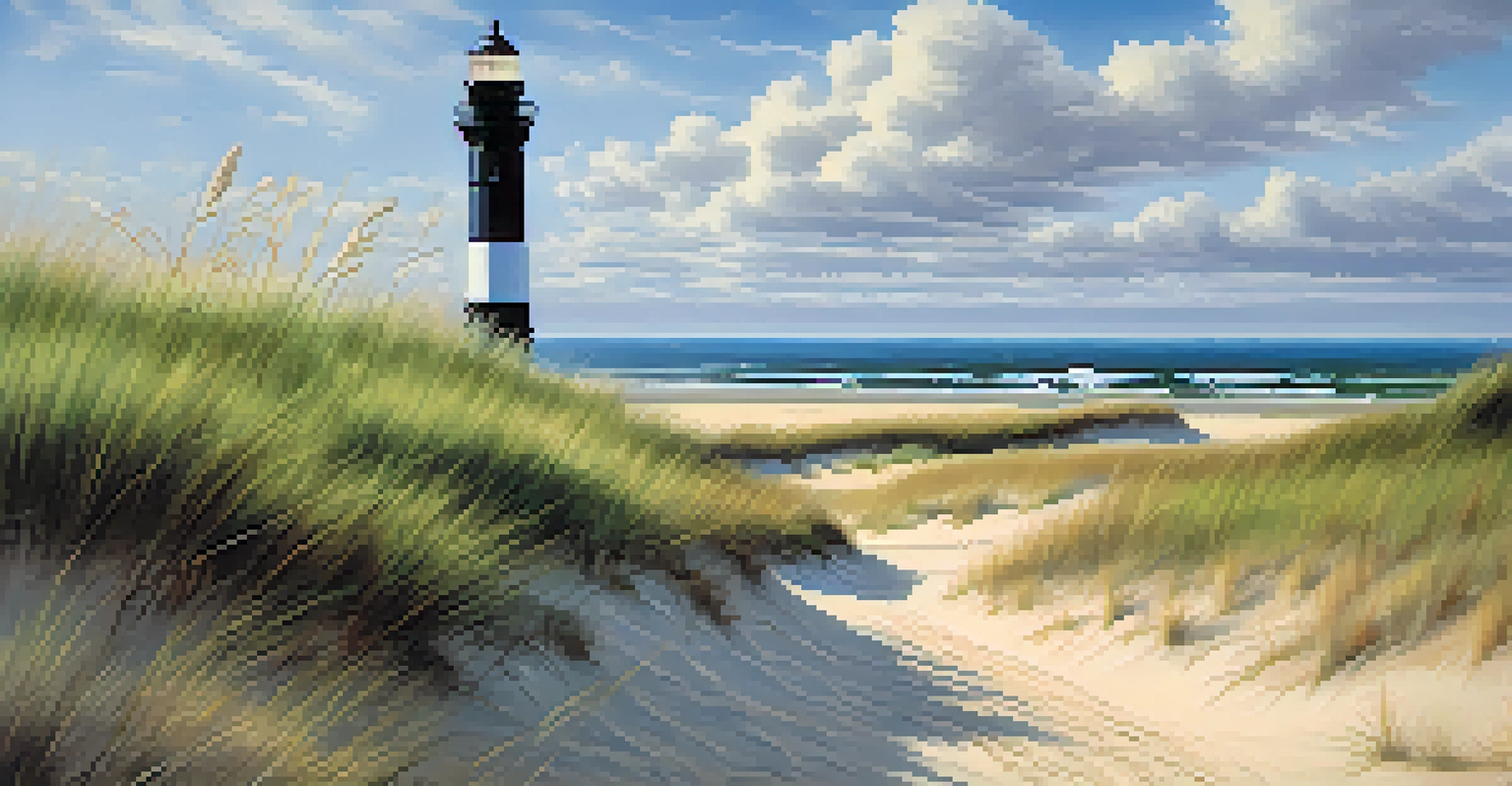 The iconic lighthouse at the Outer Banks surrounded by sand dunes and a clear blue sky.