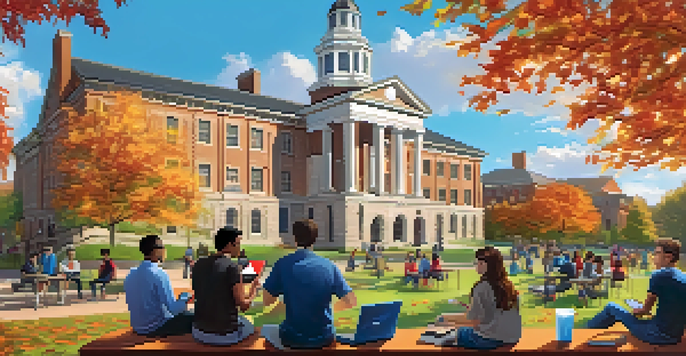 A diverse group of students discussing cybersecurity on a university campus, surrounded by greenery and historic buildings.