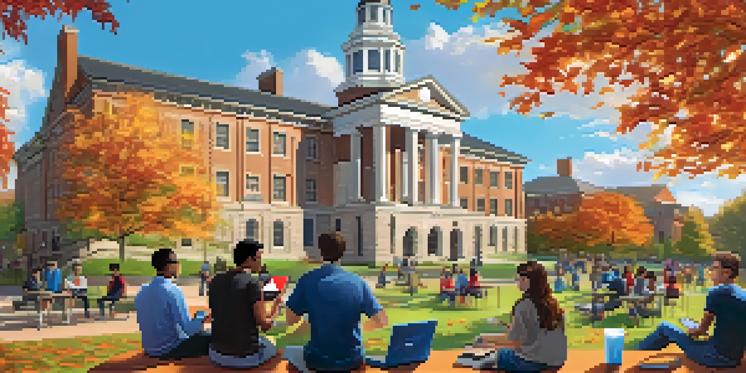 A diverse group of students discussing cybersecurity on a university campus, surrounded by greenery and historic buildings.