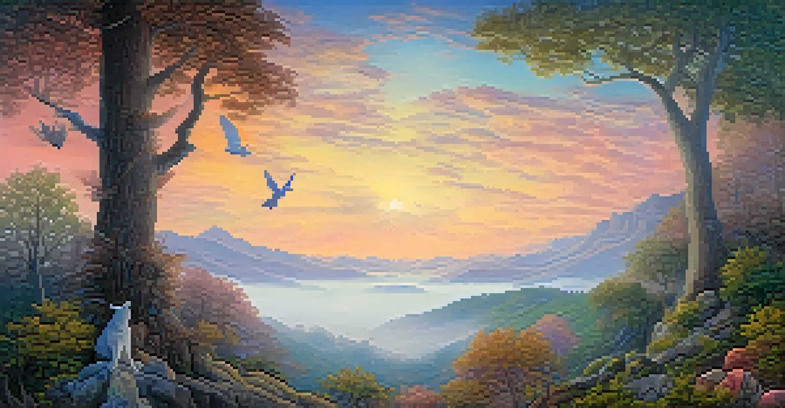 An enchanting North Carolina landscape featuring folklore elements with mountains, fog, and a legendary figure interacting with nature.