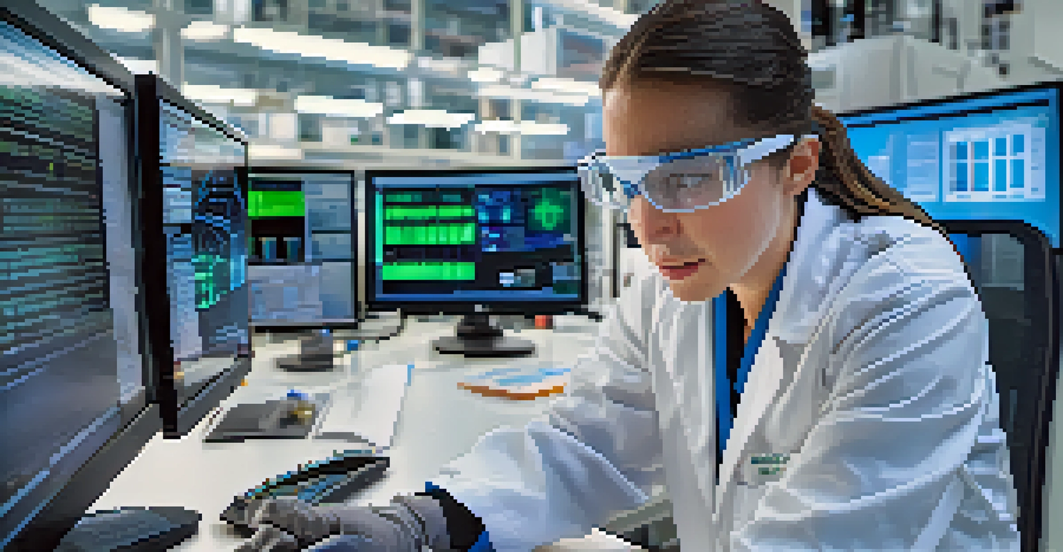 A researcher in a lab coat studying data on a computer screen in a well-equipped laboratory.