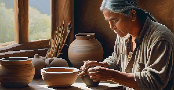 A Cherokee artisan working on traditional pottery in a warm, light-filled workshop, with intricate designs visible on the clay.