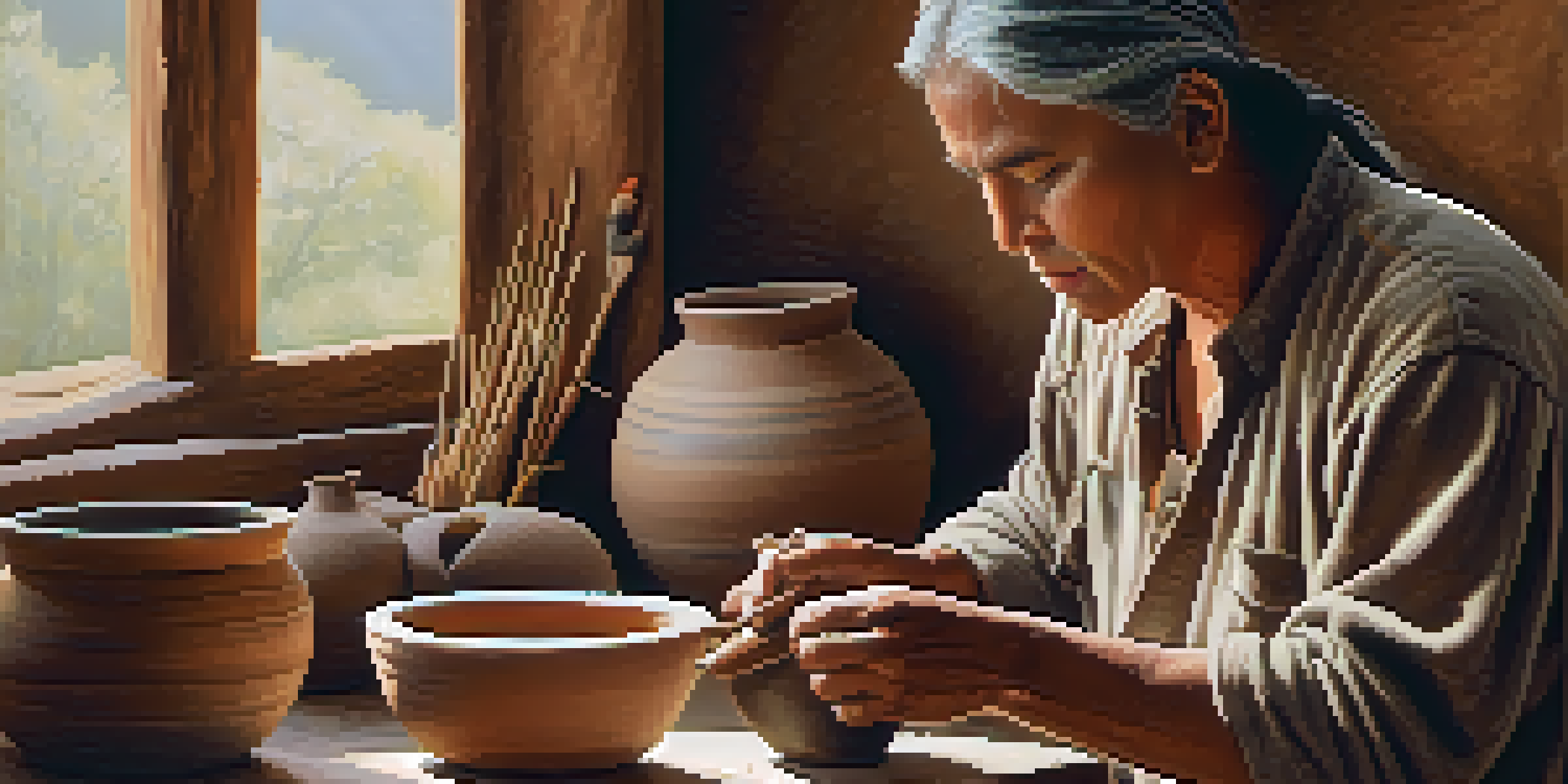 A Cherokee artisan working on traditional pottery in a warm, light-filled workshop, with intricate designs visible on the clay.