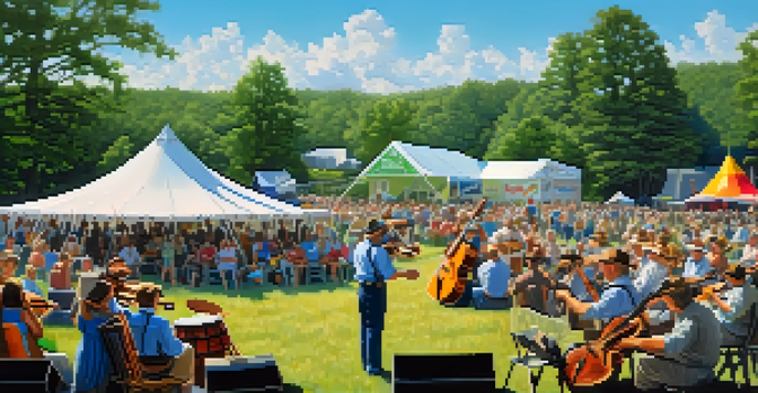 A lively bluegrass festival in North Carolina with musicians on stage and an audience enjoying the performance.