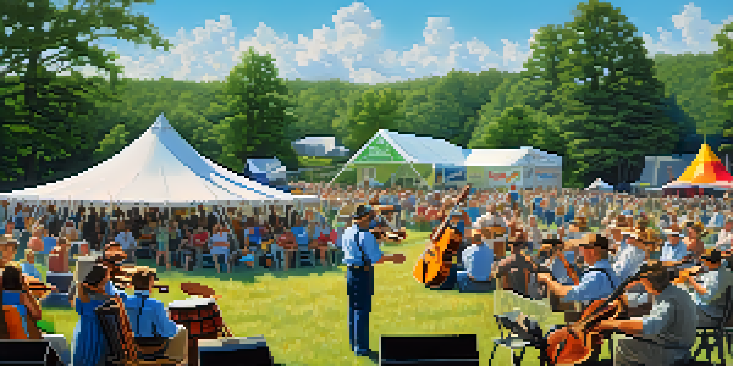 A lively bluegrass festival in North Carolina with musicians on stage and an audience enjoying the performance.