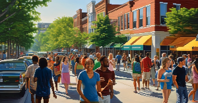 A lively urban landscape in North Carolina featuring a diverse crowd of people participating in community events, with modern architecture and trees surrounding them.