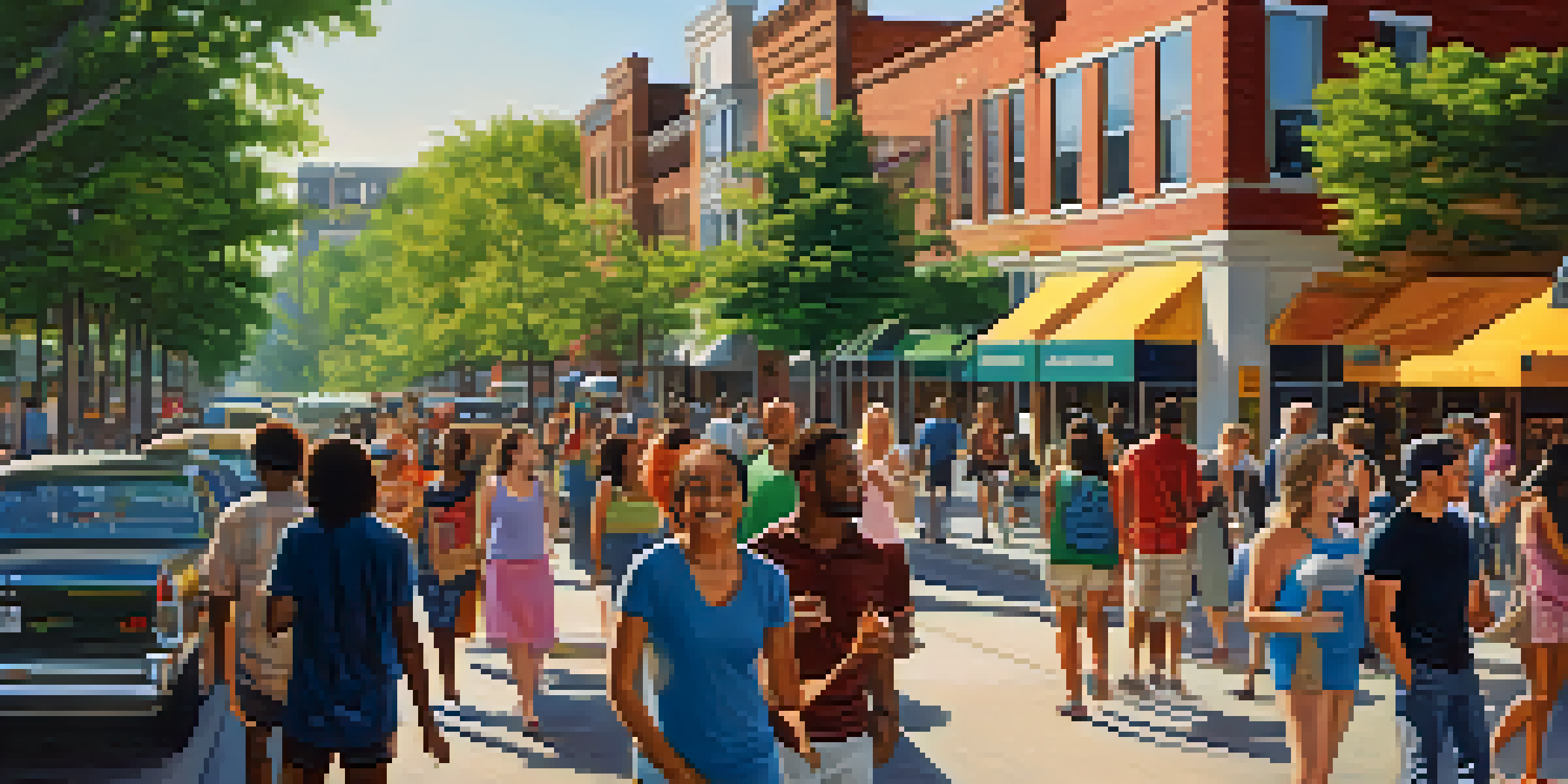 A lively urban landscape in North Carolina featuring a diverse crowd of people participating in community events, with modern architecture and trees surrounding them.