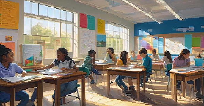 A bright classroom with diverse students working together, with sunlight streaming through windows and educational materials around them.