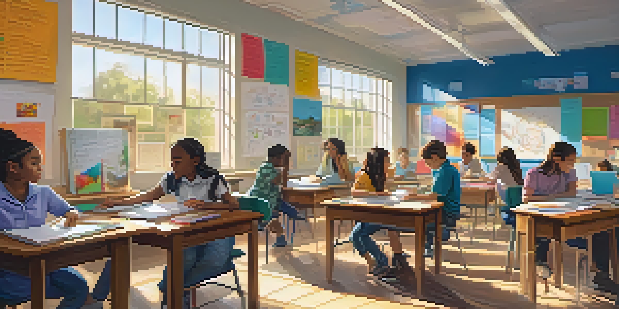 A bright classroom with diverse students working together, with sunlight streaming through windows and educational materials around them.