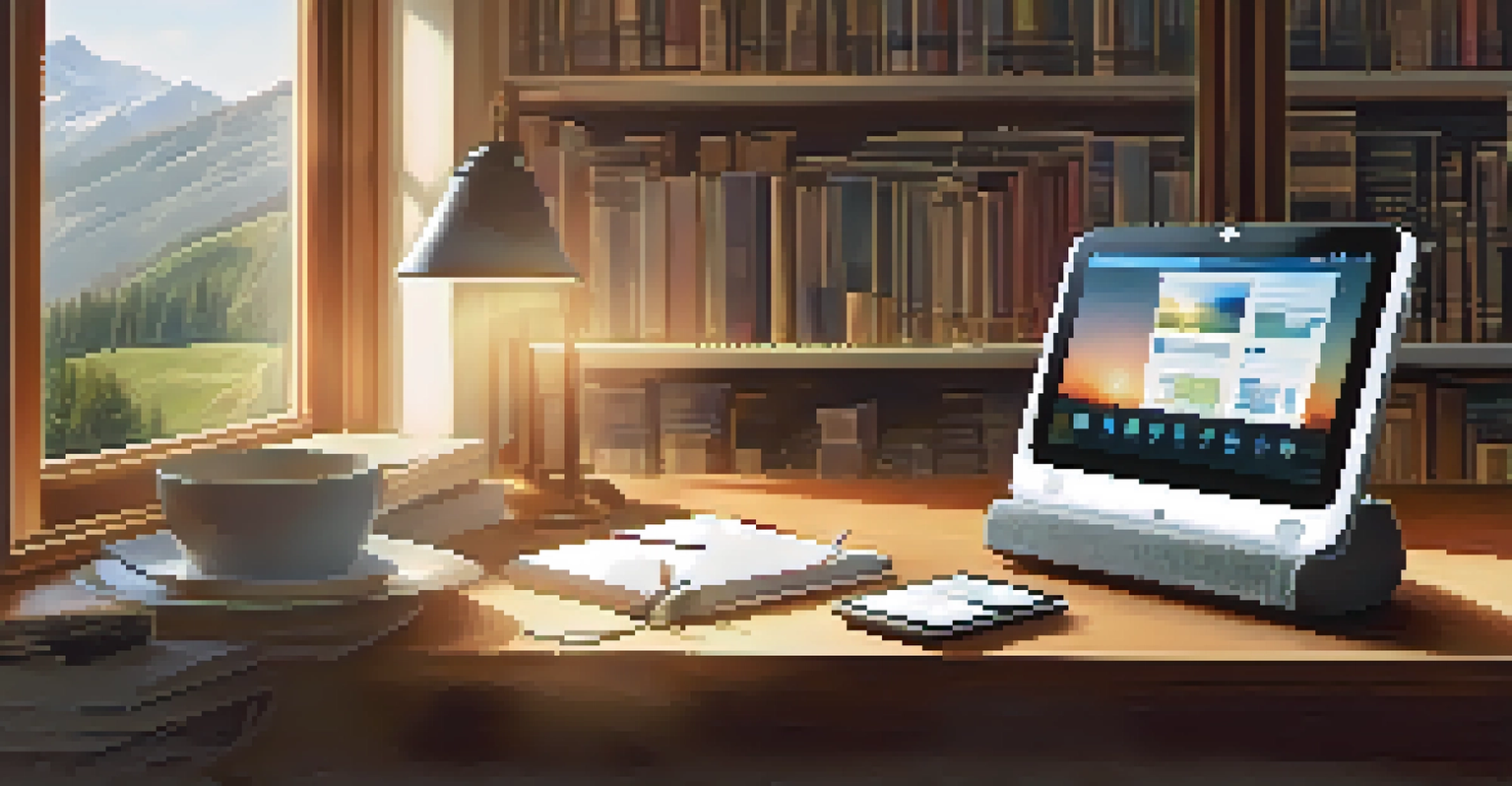 A close-up of a person using a tablet at home, with sunlight streaming in and bookshelves in the background.