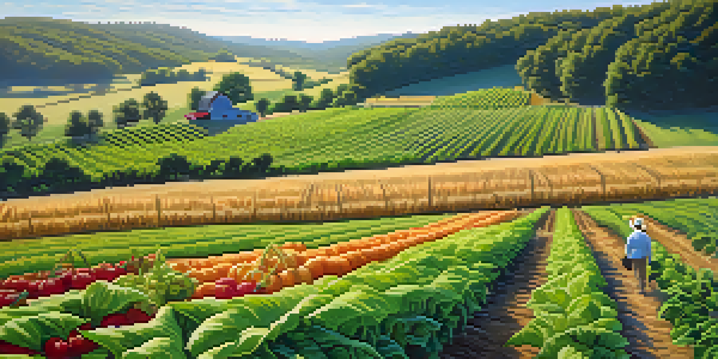 A colorful farm in North Carolina with crops in rows under the sunlight, depicting a farmer engaged in crop rotation.