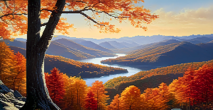 A panoramic view of colorful Blue Ridge Mountains in autumn with a river flowing through the valley.