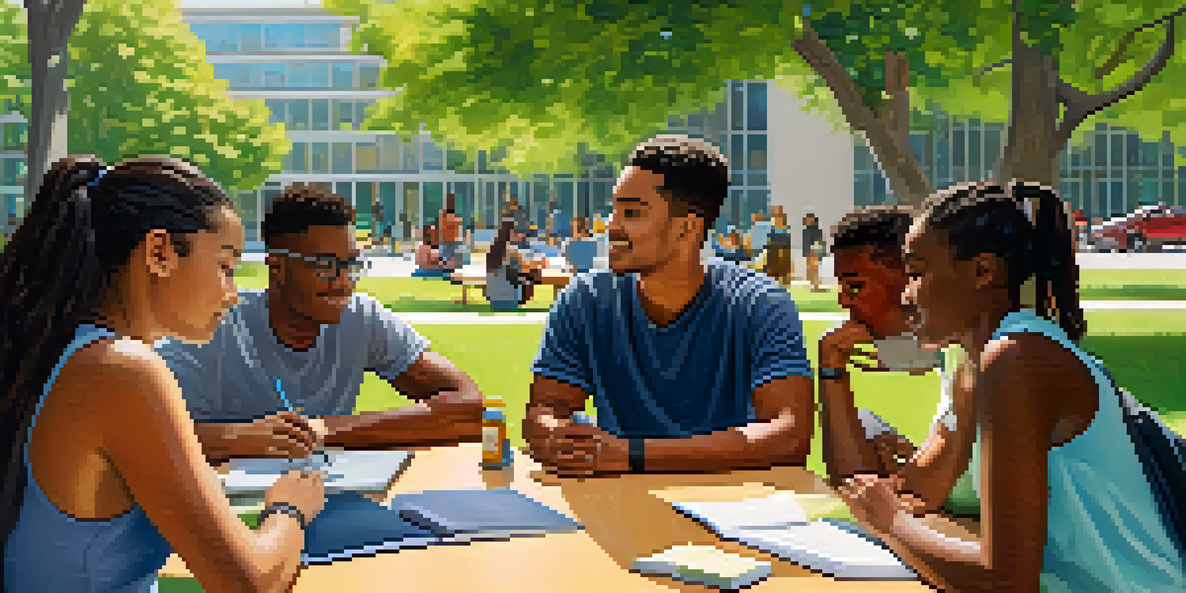 A diverse group of students collaborating on a research project outdoors on a university campus, surrounded by greenery and modern buildings.
