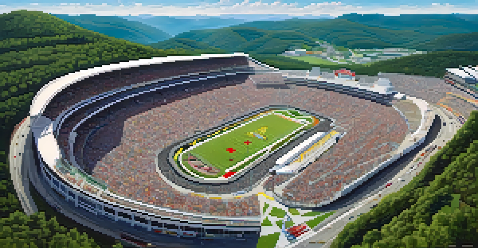 An overhead view of a NASCAR race at Bristol Motor Speedway, highlighting the steep banks and colorful race cars on a clear day.