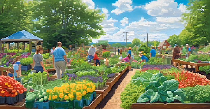 A lively community garden in North Carolina with colorful vegetables and flowers, featuring local residents working together in the sunshine.