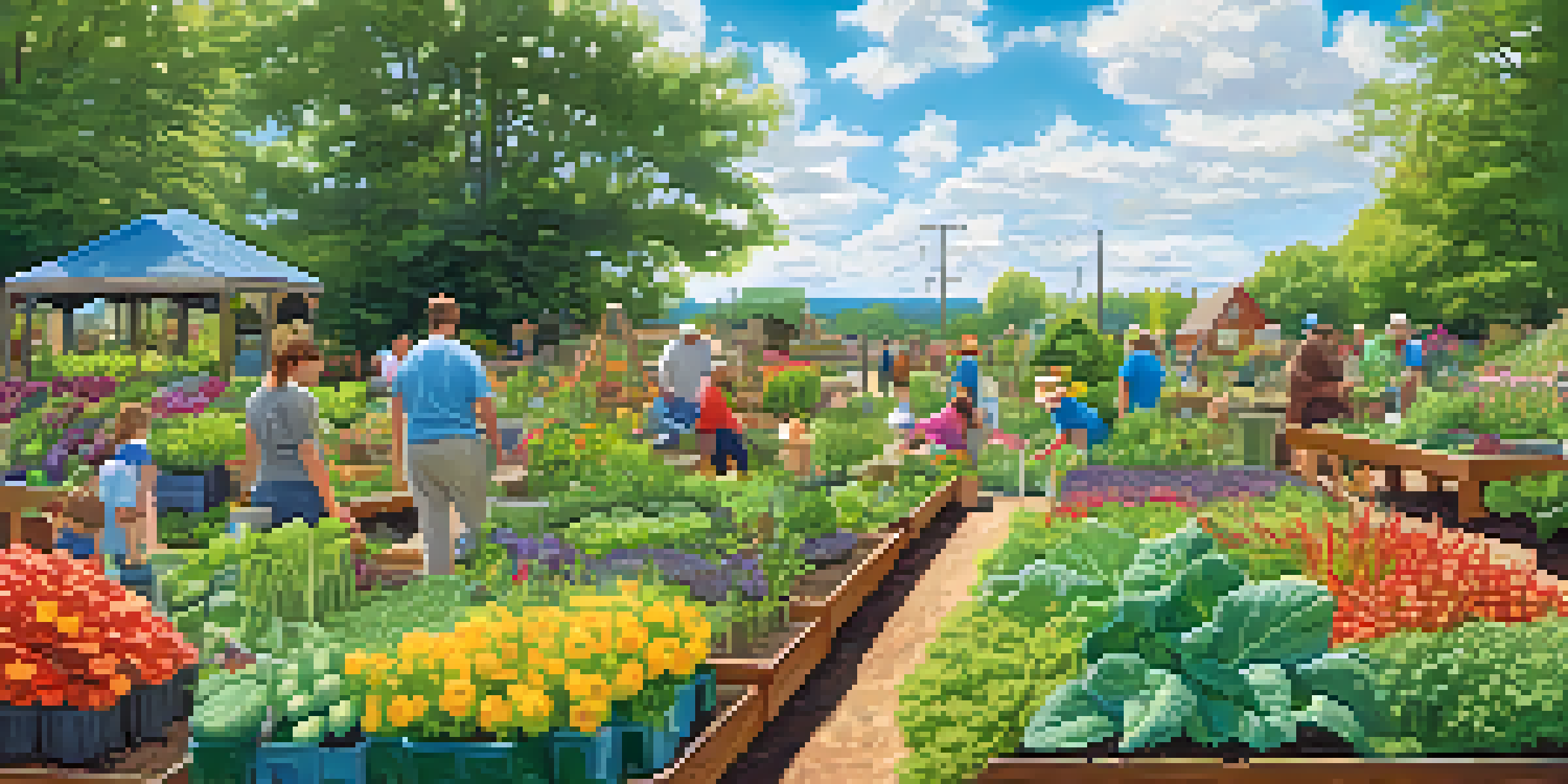 A lively community garden in North Carolina with colorful vegetables and flowers, featuring local residents working together in the sunshine.