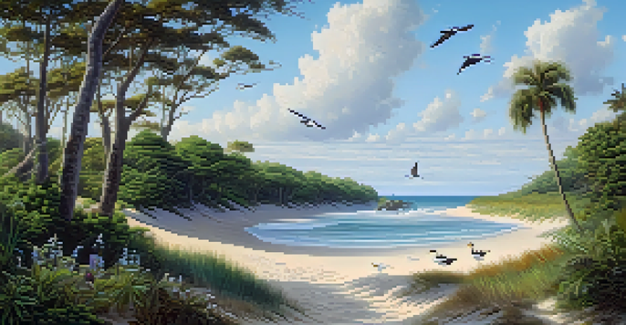 A coastal landscape in North Carolina with lush trees, flowering plants, sandy shore, and migratory birds in the sky.