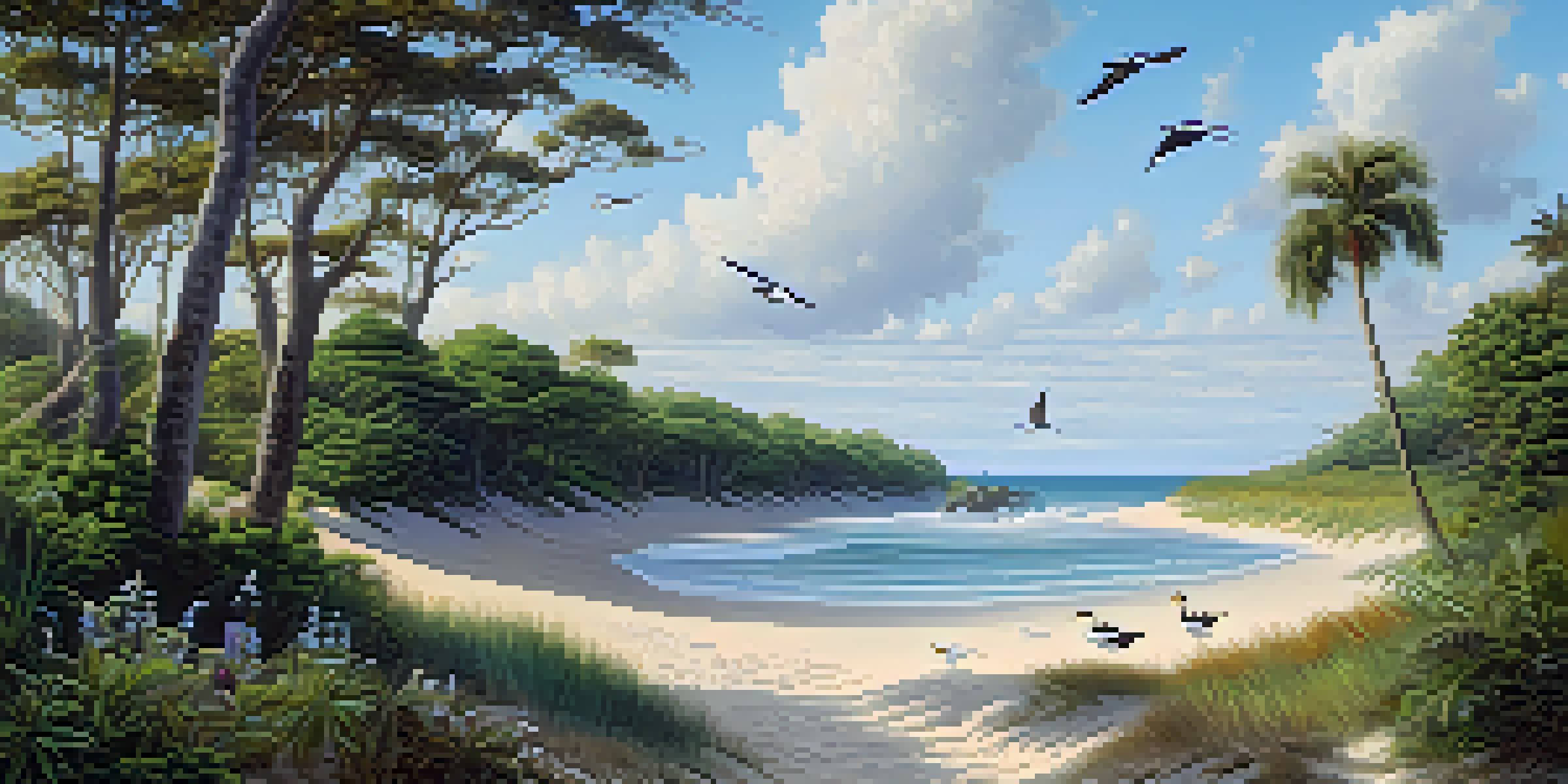 A coastal landscape in North Carolina with lush trees, flowering plants, sandy shore, and migratory birds in the sky.