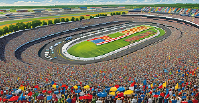 An aerial view of Charlotte Motor Speedway with colorful NASCAR cars racing and enthusiastic fans in the grandstands.