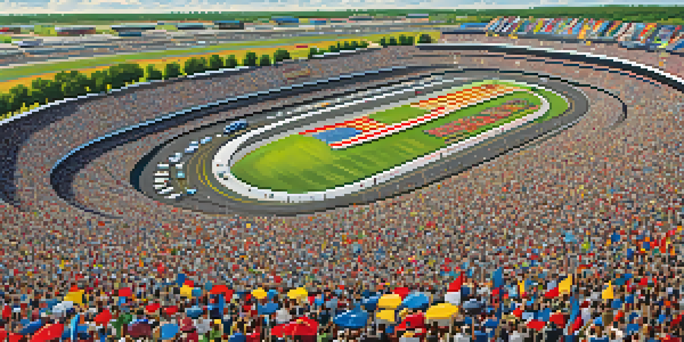 An aerial view of Charlotte Motor Speedway with colorful NASCAR cars racing and enthusiastic fans in the grandstands.