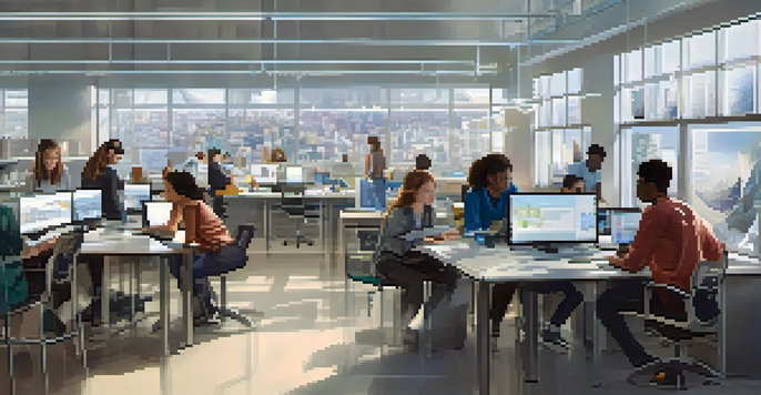 A group of diverse students working together in a bright laboratory on a global research project, surrounded by technology and research materials.